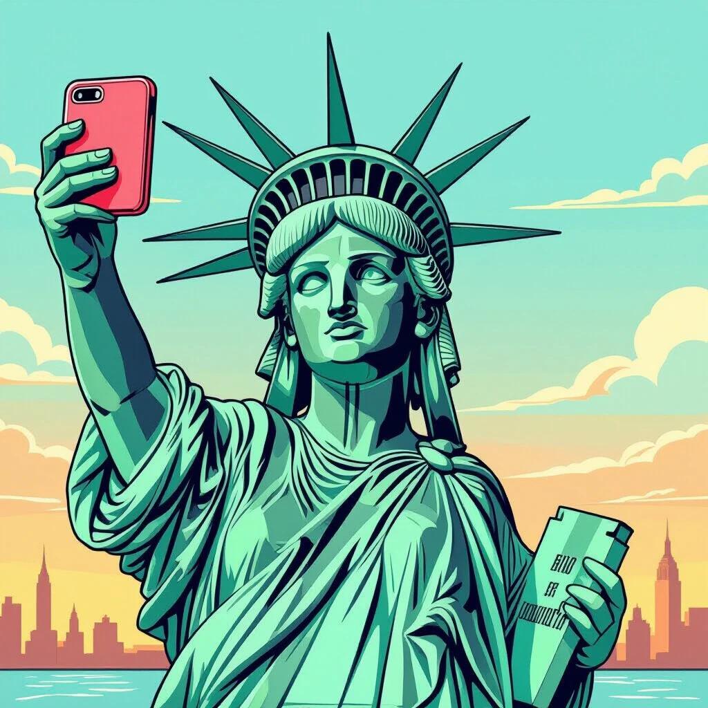 Animated line art image of the Statue of Liberty taking a selfie. The statue holds a smartphone and has a bright background with a skyline.