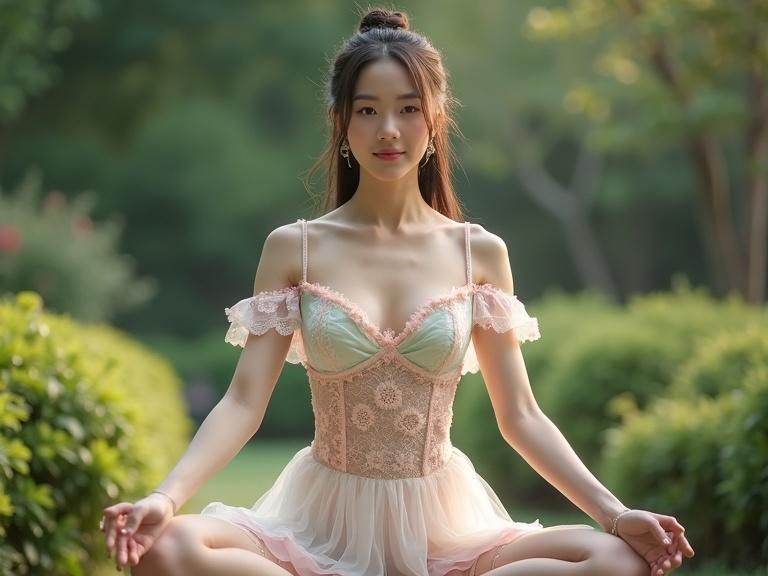 Full body shot of a young Chinese lady in a pastel-colored outfit. She is in a yoga pose in an outdoor garden. The outfit features lace details in pink, cream, and mint green. The design includes a sweetheart neckline and off-the-shoulder sleeves. Long hair is tied back. White undies give a vintage feel. Pale pink stockings accent the look. The garden is lush with greenery and soft, natural light enhances the details.