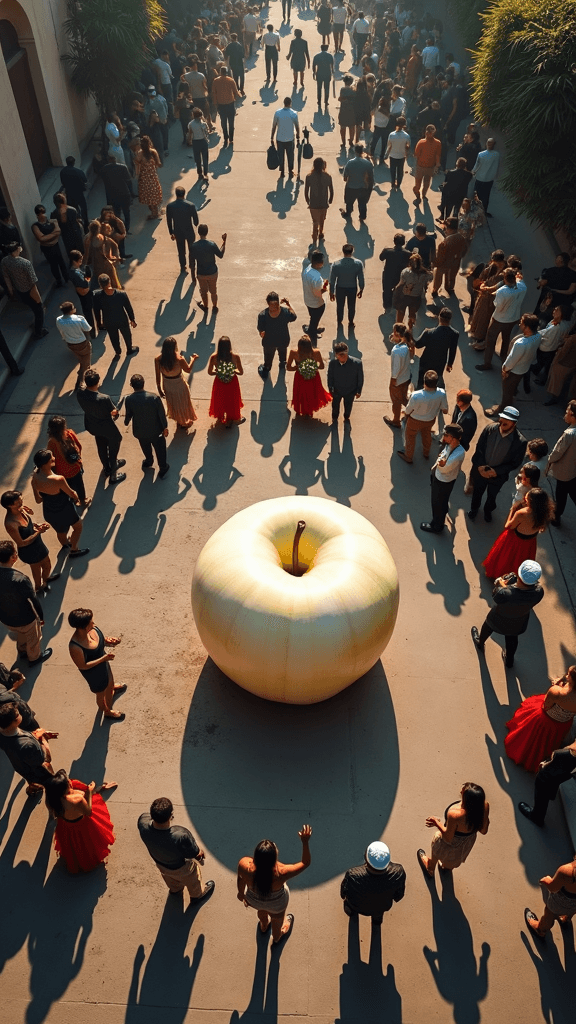 People gather around a large golden apple sculpture in an outdoor courtyard, casting elongated shadows in the sunlight.