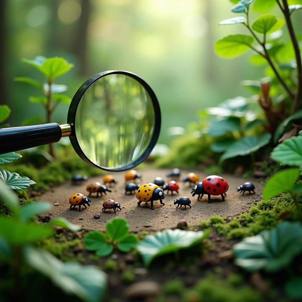 Scene showcasing tiny clay insects in a vibrant setting. A magnifying glass hovers above them. Focus on their significance in nature.