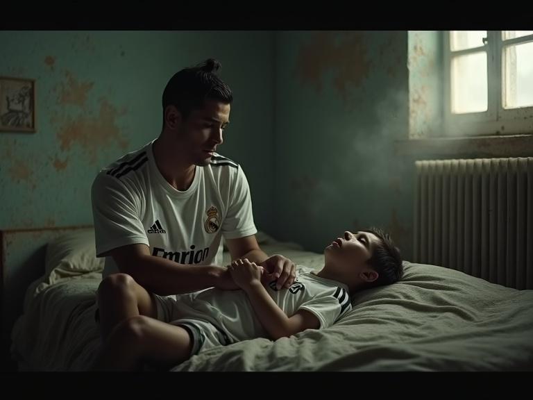 Tender moment in a dilapidated room. Father and son wearing Real Madrid jerseys. Father gently strokes son's hair. Sad and determined expressions. Dim lighting illuminates dust.
