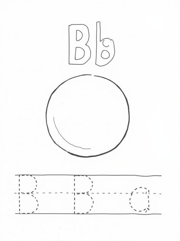 Black and white kindergarten worksheet for learning the alphabet. Features uppercase and lowercase letter B in dotted tracing font. Large outlined ball illustration for coloring. Dashed line for writing practice.