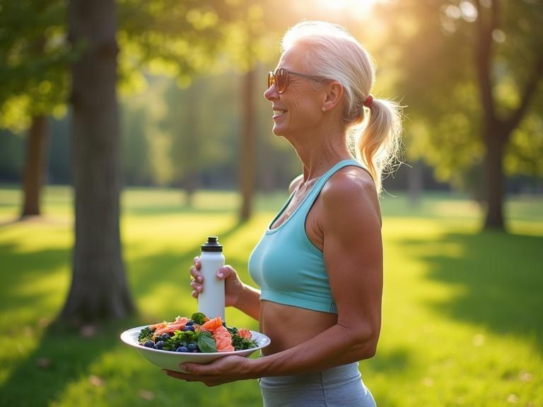 Scene of a middle-aged person outdoors in a park. Person enjoys healthy anti-aging lifestyle. They hold a bowl of colorful foods. Foods include blueberries spinach and salmon. Person wears sunglasses and a light workout outfit. They are in a mid-stretch after a HIIT session. A water bottle is nearby. Background shows lush greenery and sunlight filtering through trees.