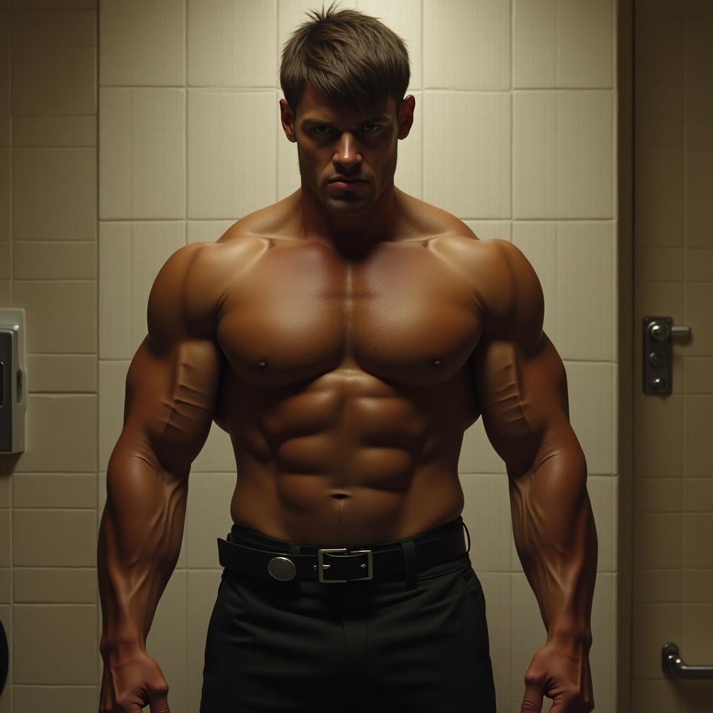 Tall muscular male figure with brown skin. He stands with arms at sides, presenting a wide chest. The man displays an angry expression. There is distinct muscle definition in arms and torso.