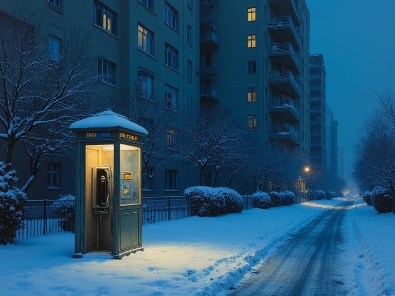 A phone booth next to an apartment building during winter. Scene shows blue twilight. No cars or people present. Only one light is seen from the twelfth floor window.