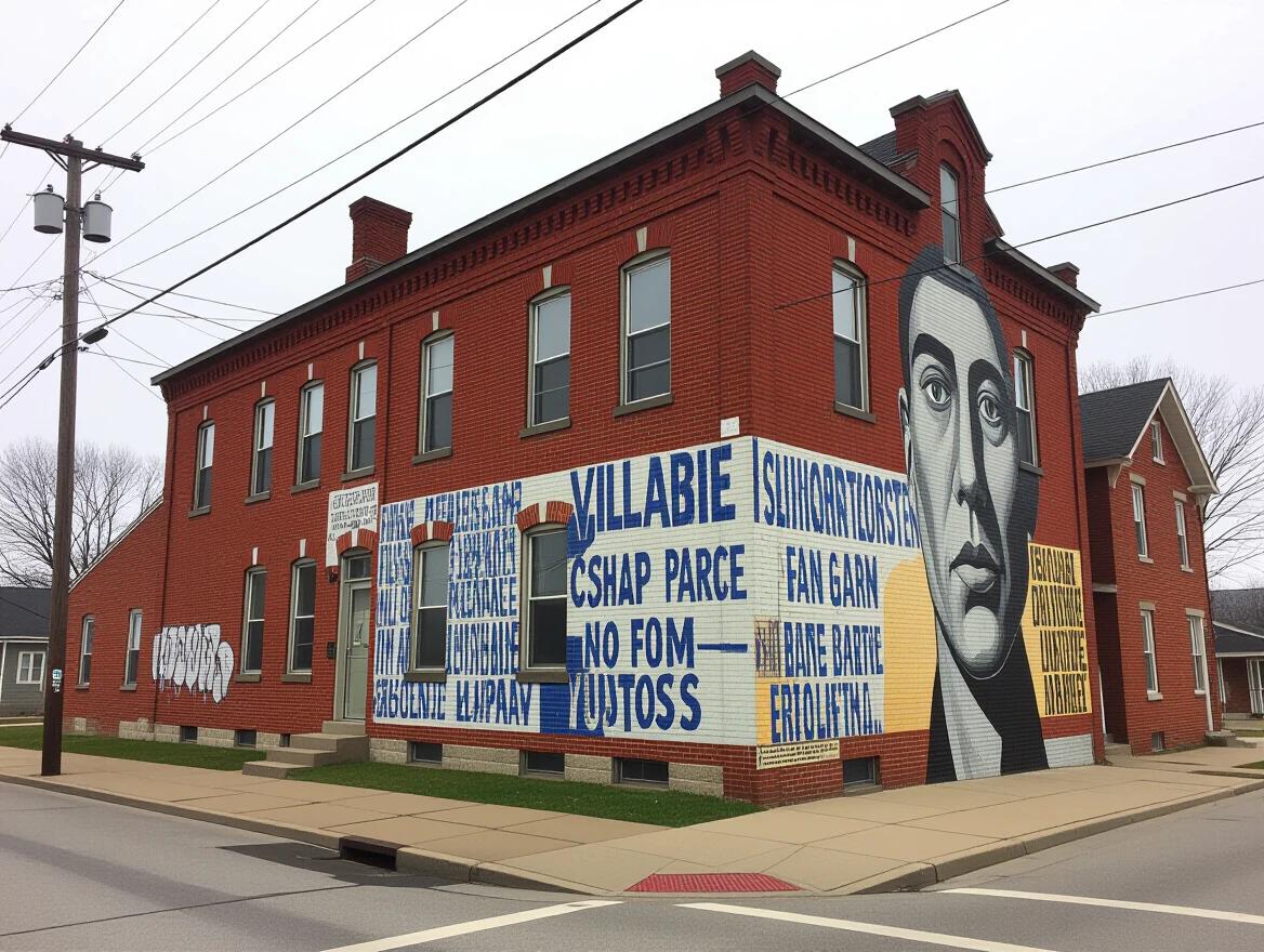 Large building with a mural. Mural features a portrait and bold text. Painted with thick strokes of grease paint. Located in Slavic Village.