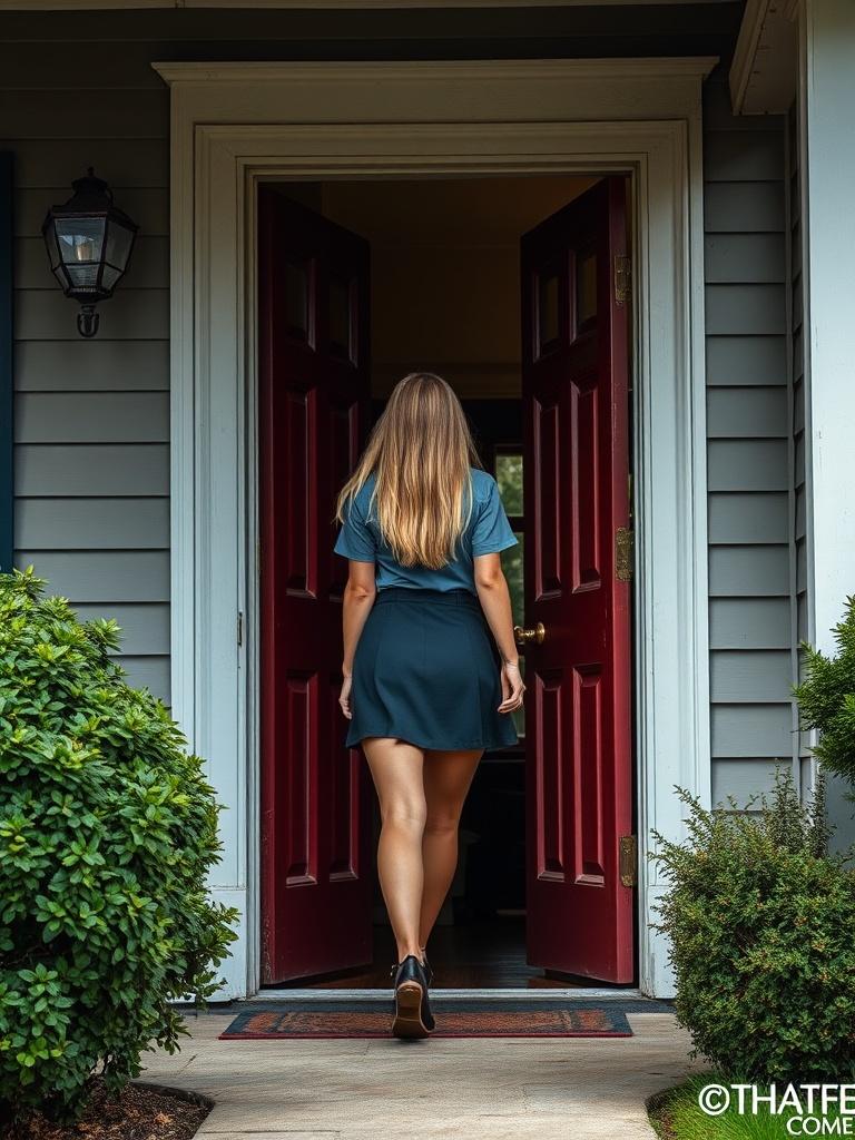 The image depicts a woman entering through a partially opened red door of a house. She walks confidently into the dimly lit interior, with her back turned to the viewer. The scene is framed by the exterior gray siding of the house, and lush green bushes line the entrance, creating a welcoming atmosphere.