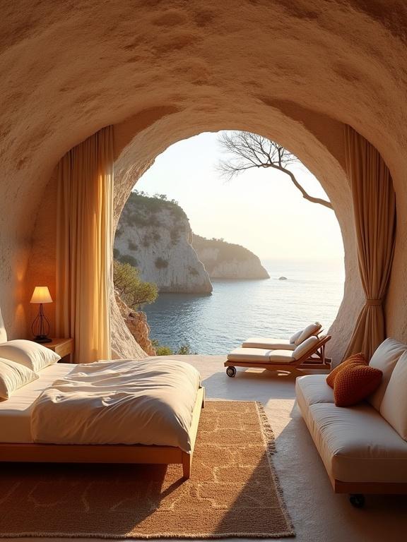 A breathtaking cave-style luxury bedroom carved into a cliffside. Offers panoramic view of sea and rock formations. Warm sunset glow creates tranquil ambiance. Minimalist design with a low bed, soft linens, and natural decor. Beige rug and wicker lanterns enhance rustic look. Outdoor lounge chairs face the ocean, perfect for relaxation. Overall mood is peaceful and romantic, connecting modern luxury with nature's beauty.