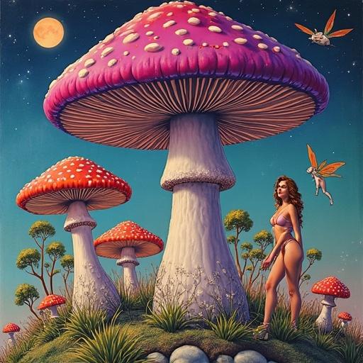 Record album cover inspired by 60s style featuring colorful mushrooms. Large mushroom purple with bright swirly colors. Band name 'Isle of Stipe' prominently displayed. Sexy female fairies flying around the scene.