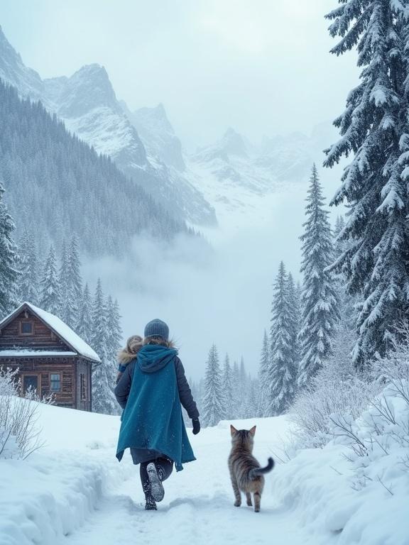 Winter scene in a mountain village with snow-covered landscape. Child in a blue cloak walks with a cat. Soft light from overcast sky. Snow-laden trees and a cabin visible.