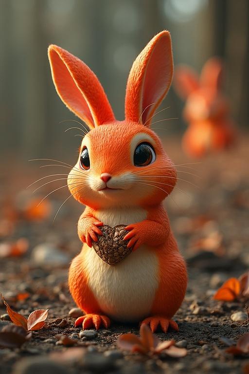 A close up of a cute cartoon-style orange rabbit with big eyes. Orange bunny holds a nut in its paws. Background is a soft focus showing hints of other rabbits and forest. Natural lighting highlights the rabbit's fur and surroundings.