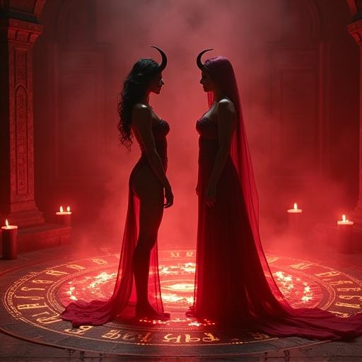 A seductive female demon and a veiled female summoner face each other in a dark ritual chamber. They stand within a glowing summoning circle with flickering candlelight. The demon has black horns, glowing eyes, and an hourglass figure. Her attire is dark metal and silk with glowing sigils. The summoner is partially veiled, dressed in a gothic robe with silver embroidery, holding a glowing staff. The atmosphere is filled with magical tension and swirling red mist.