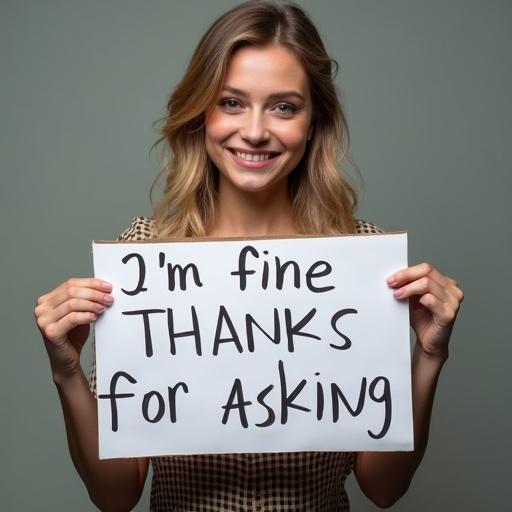 A woman holding a sign that says I'm fine thanks for asking.