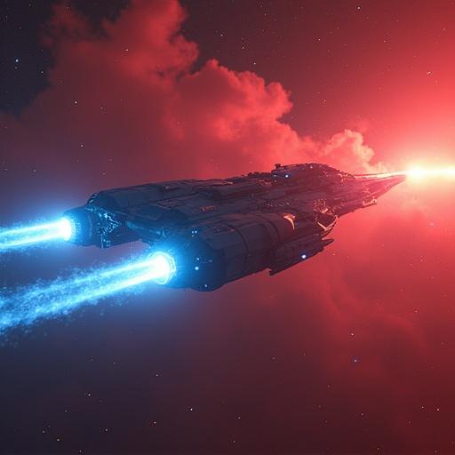 Sci-fi artwork of a hyper-realistic giant space mothership named 'Ark' launching from Earth. Holographic energy shields and plasma flames are present. Dark red haze surrounds the scene. Blue and white ion engines visible. Nano-scale materials reflect city neon. Cyberpunk lighting effects. Dynamic blur depicts supersonic thruster motion. 4K HDR details show mechanical structures and holographic projections. Conceptual art styled like 'Blade Runner' and 'Interstellar'.