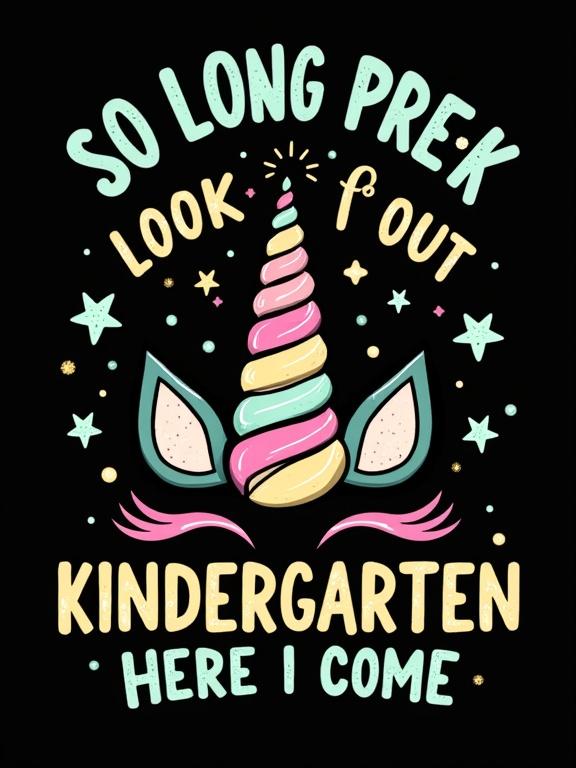 Bright cartoon design featuring unicorn horn surrounded by stars and ears. Text 'So Long Pre-K' and 'Kindergarten Here I Come' in playful fonts. Colorful pastel colors on black background. Cheerful and fun for children.