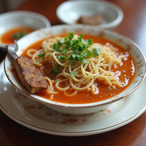Bowl of noodles with red sauce and herbs served on a table. Wooden table setting with a small side dish visible.