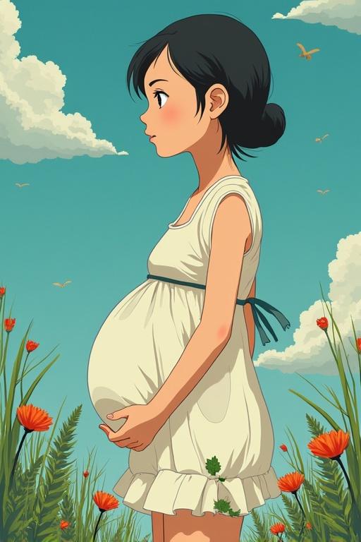Illustration of a young pregnant woman standing outdoors. She is holding her belly and wearing a light dress. The background features a bright sky and colorful flowers.