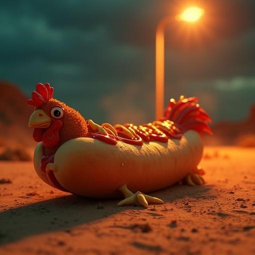 Bizarre 3D character in absurd style. Hot dog body covered in sauces. Cheerful cartoon chicken head. Grotesque chicken feet. Surreal desert at night with dim farm. Warm orange light from streetlight. Dramatic shadows with fog. Smooth, rubbery materials. Video game cutscene appearance. Wide-angle distortion. Bloom and sepia filter applied.