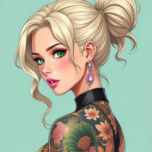 Anime character illustrating a beautiful fit woman. She has emerald green eyes and a light blonde French bun. She wears light pink diamond jewelry. Her attire is luxurious athleticwear showcasing traditional Japanese tattoos. The background is a soft aqua color.