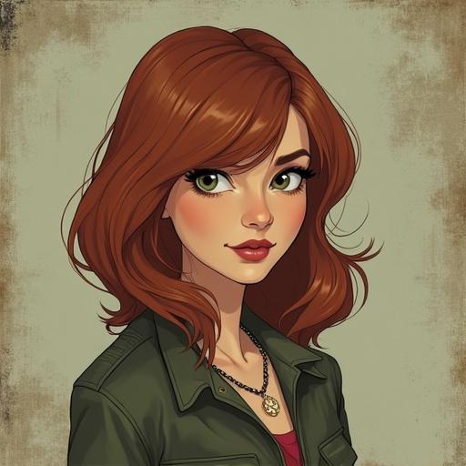 A woman depicted in a stylized illustration showcasing long brown hair and green eyes. She wears a green jacket over a red top. The background is a simple beige color, emphasizing her features. The work embodies a contemporary art style.