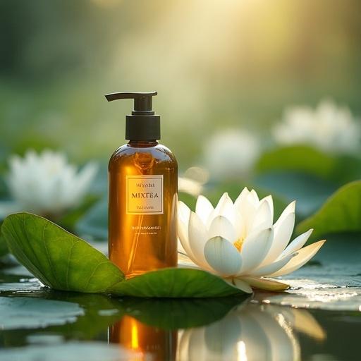 Photograph of amber glass bottle labeled Mixtúra BODY LOTION Innocence on green lotus leaf in water with white lotus flowers. Morning light reflects bottle curves and liquid. Tranquil ambiance with ripples and mist highlighting organic skincare.