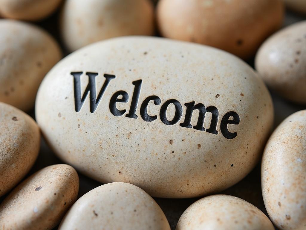 A collection of smooth, beige pebbles resting together. Among them is a larger stone with the word 'Welcome' etched into its surface. The stone stands out slightly due to its clear inscription. The surrounding pebbles are of similar hues and sizes, creating a warm and inviting atmosphere. This arrangement creates a tranquil and welcoming vibe, perfect for decoration in a garden or an entryway.