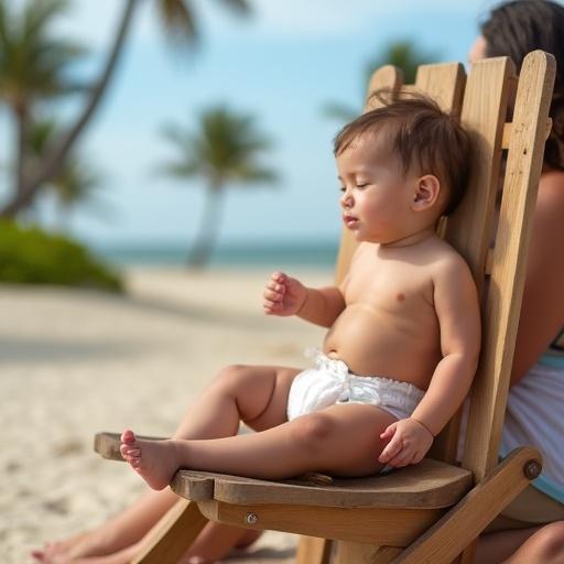 Image of a small infant sitting relaxed with his eyes closed on a wooden chair on the beach next to his parents wearing a diaper with a scene of beach sand and palm trees in the background