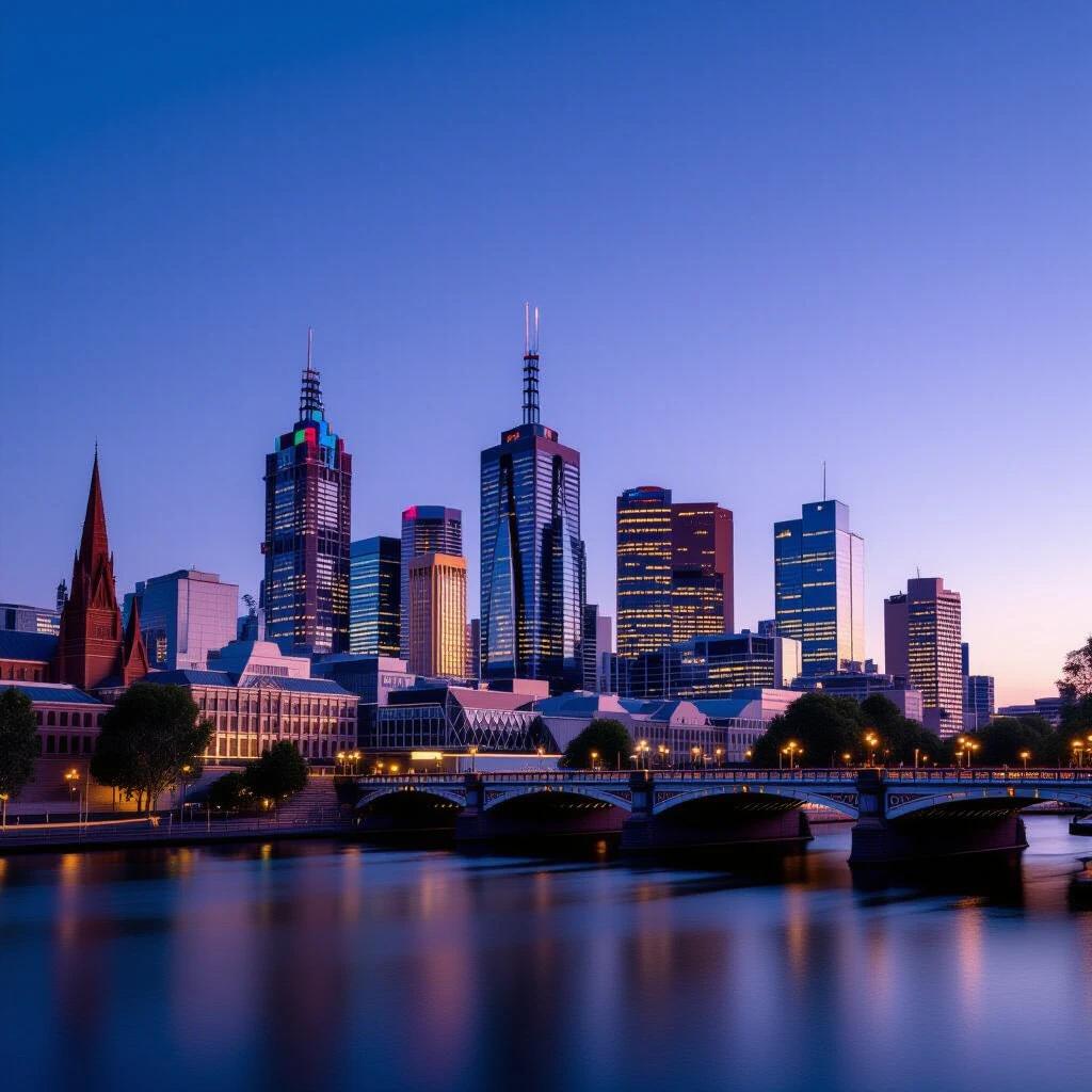 Photograph of Melbourne skyline taken with Fujifilm XT5. Eterna cinema color profile applied. Slight film grain effect added. Captured at twilight.