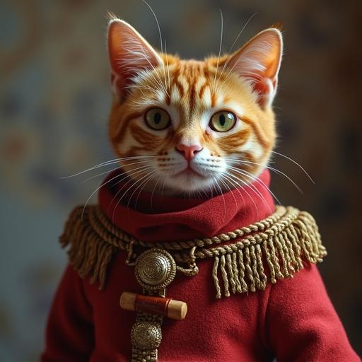 A cat dressed in a traditional Spanish torero outfit. The cat has a vibrant red top adorned with decorative tassels. A large, ornate gold necklace complements the attire. The cat exudes a playful yet dignified demeanor, embodying the essence of a bullfighter. The setting is softly lit to enhance the vibrant colors of the outfit and bring focus to the cat's unique style.