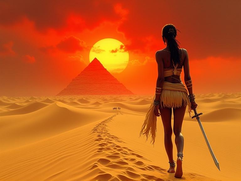 A lone warrior strides across endless golden dunes. Desert under a blood-red sunset. She carries a curved sword and wears a bandage. Figures in the distance drag chains. Storm clouds loom.
