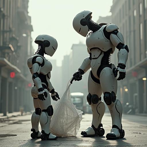 Two humanoid robots are in a futuristic city. One robot is handing a bag to the other robot. The setting is urban with a hint of pollution. The robots are designed for trash cleaning.