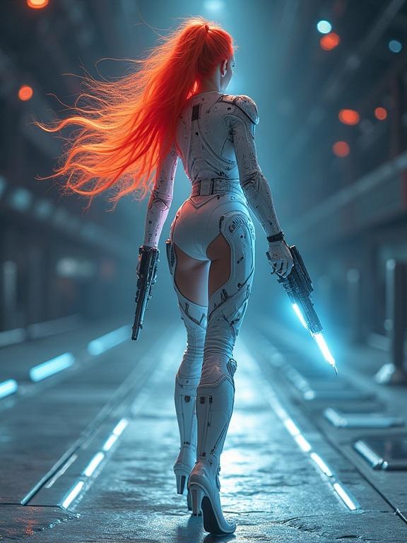 Wide panorama hologram image depicting a sensual high-tech woman with red hair. She stands confidently with weapons in a futuristic space setting. Background emphasizes high-tech environments and changing dimensions in space. Close-up texture highlights details of her outfit and weapons. Artistic style inspired by Rinata Vislev.