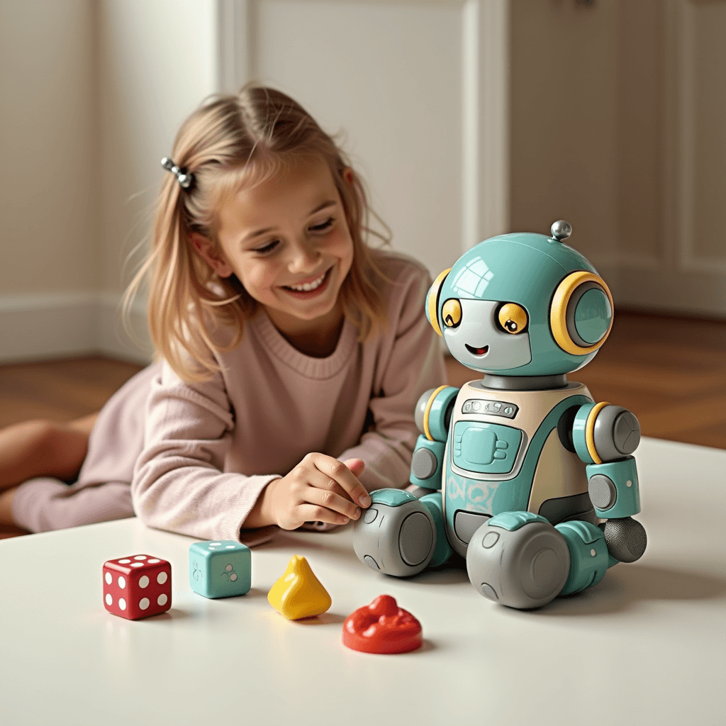 A young girl enjoys playing with a friendly, colorful robot on a table.