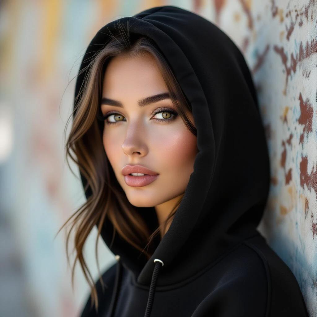 Close-up shot of a young woman with flawless skin. She wears a black hoodie and gazes toward the camera. Long lashes and black eye shadow accent her features. Soft ambient light enhances her ethereal glow. Background shows a retro vintage collage from the 1970s.
