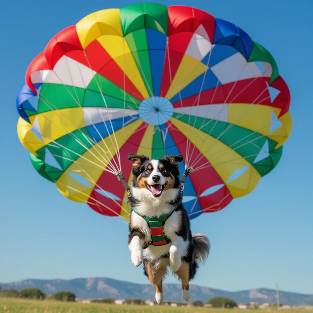 A dog parachuting with a colorful parachute in a bright blue sky. The dog looks excited and joyful. The scene captures a sense of adventure and outdoor fun.
