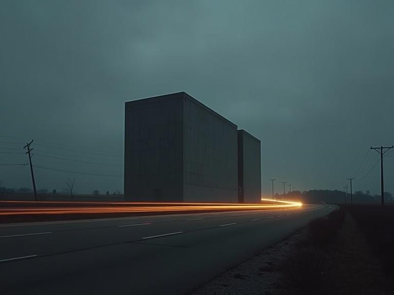 Stark atmospheric photograph of a large rectangular building under dark overcast sky. Include blurred orange yellow light trails across foreground indicating vehicles. Sky should be uniform gray blue-gray. Landscape should be flat featureless with sparse trees power lines on horizon. Use muted monochromatic color palette of gray black blue. Capture in low-light with long exposure for soft diffuse lighting. Create an uneasy mysterious isolated mood.