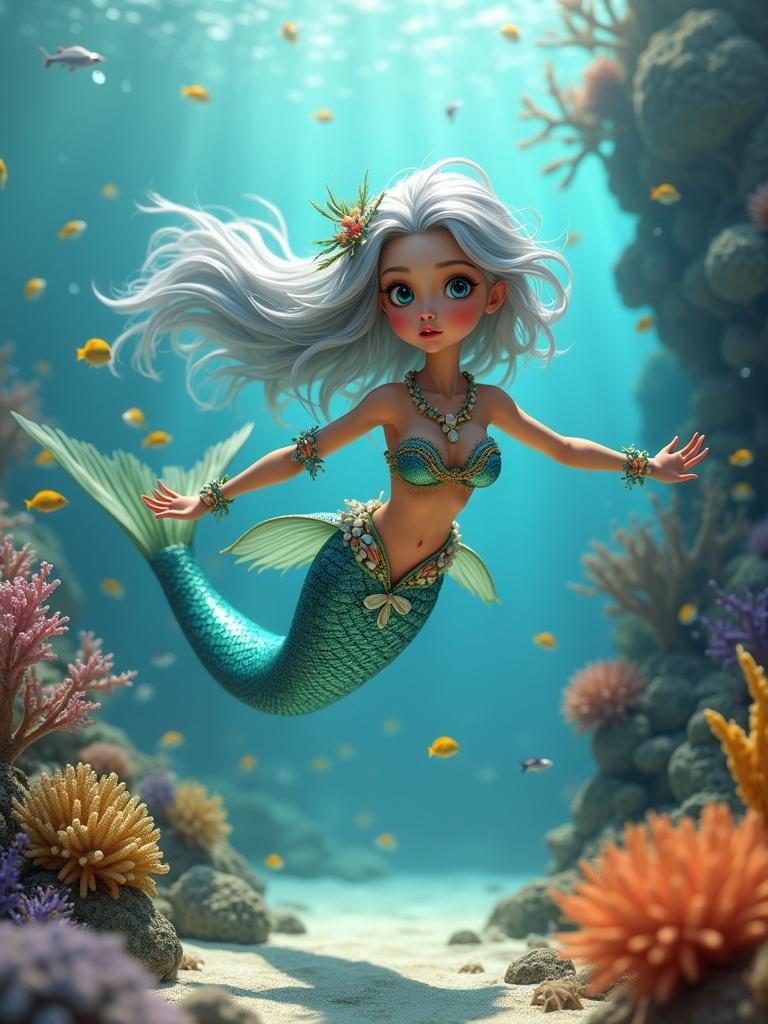 Vivid underwater scene features a mystical mermaid swimming through a coral reef. The mermaid has long silver hair. She wears a delicate top made of woven seaweed and coral. Her tail is a shimmering blend of blue and green. She is surrounded by vibrant tropical fish. The coral reef is colorful with various shapes and textures. The atmosphere is tranquil and enchanting. Sunlight filters through the water. Artistic style blends fantasy and hyperrealism.