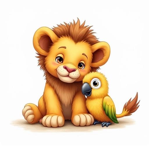 Illustrate a baby lion and a baby parrot looking directly at the camera. The background should be white. The style should mimic canvas texture.