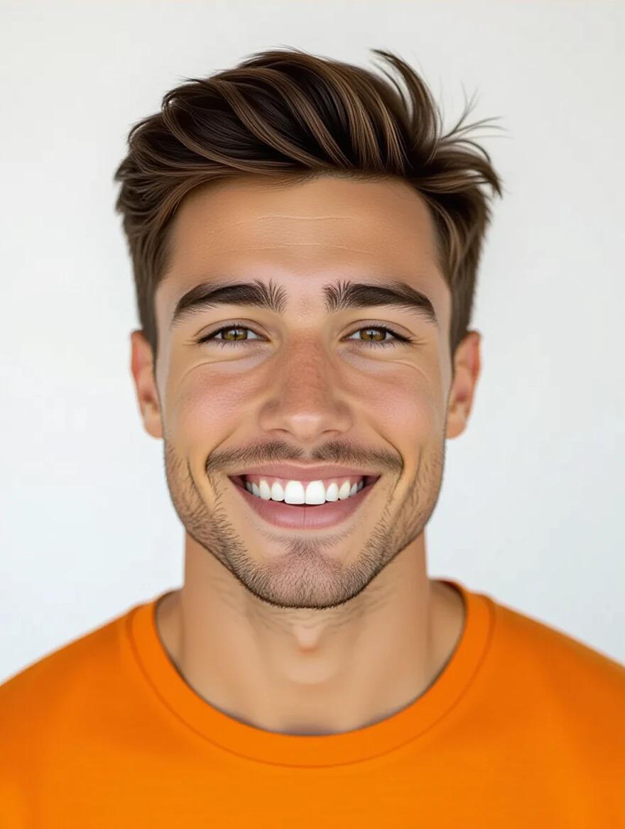 Highly realistic half-body portrait of a young man. He faces the camera and smiles naturally. Wearing an orange shirt. Relaxed posture and friendly expression. White background. Soft and even studio lighting. Photorealistic detail with natural skin tones and realistic fabric texture.
