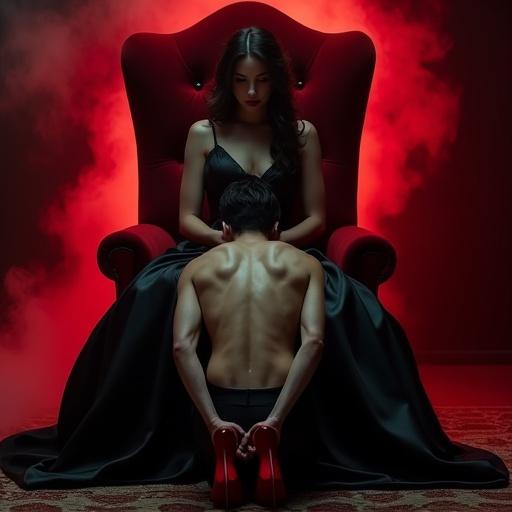 A powerful woman sits on a velvet throne. She wears black satin with red-soled heels. A submissive man kneels in front, shirtless, hands behind back. The room is dimly lit with deep shadows and red highlights. The atmosphere is charged with smoke. The woman’s gaze is calm and commanding. The image feels cinematic and intimate, capturing power exchange.
