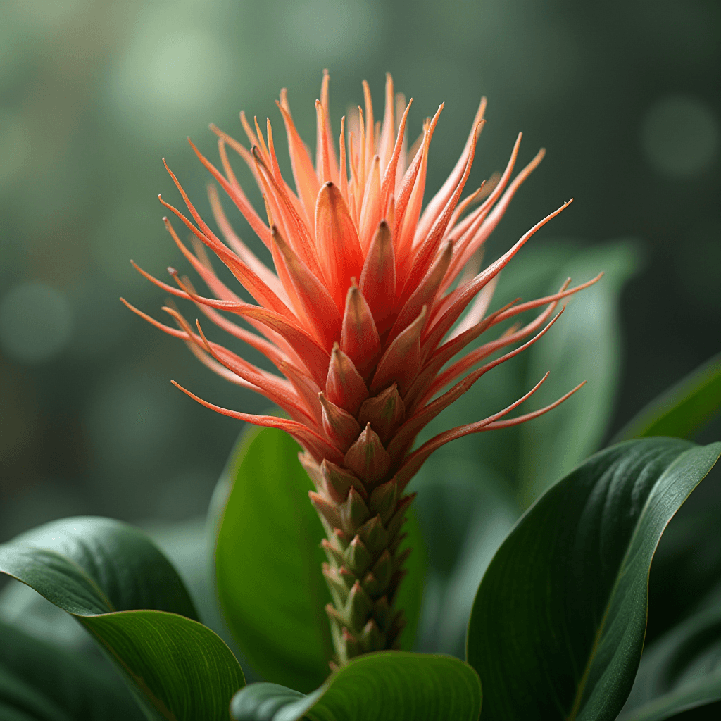 A vivid red tropical flower surrounded by lush green leaves.