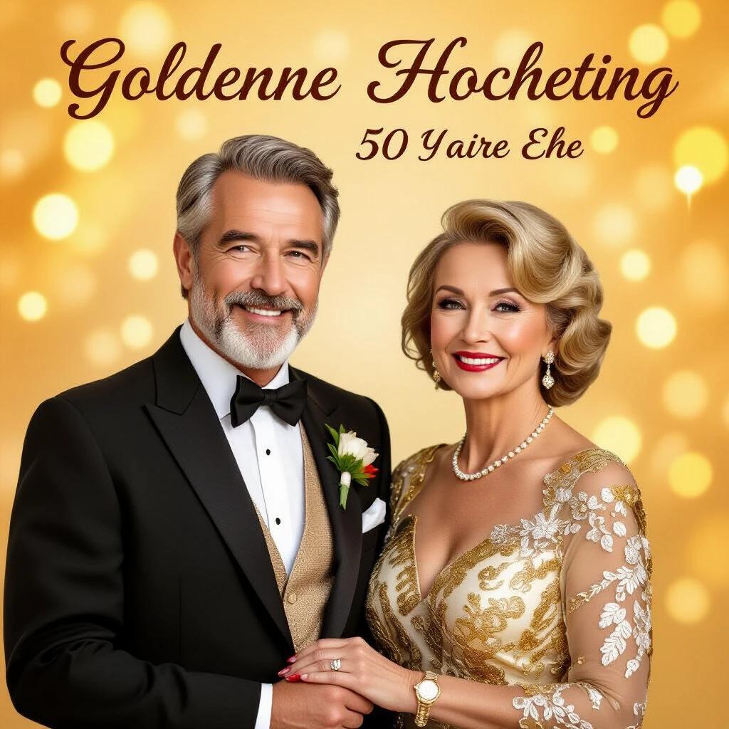 An elegant and loving couple celebrates their golden wedding anniversary. They are smiling happily while holding hands. He wears a stylish suit and she wears a shimmering golden dress. The background features warm gold and cream tones with soft glitter effects, reflecting a cinematic nostalgia. The poster includes decorative golden laurel wreaths and stars in the corners. Title reads: "50 Jahre zusammen – Die goldene Premiere" in a retro font.