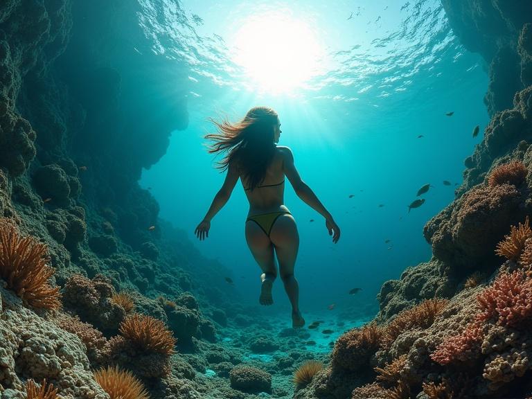 Underwater ocean scene with a woman swimming through a vibrant coral reef. Bright sunlight creates an ethereal atmosphere. Tropical fish swim around lush coral formations.