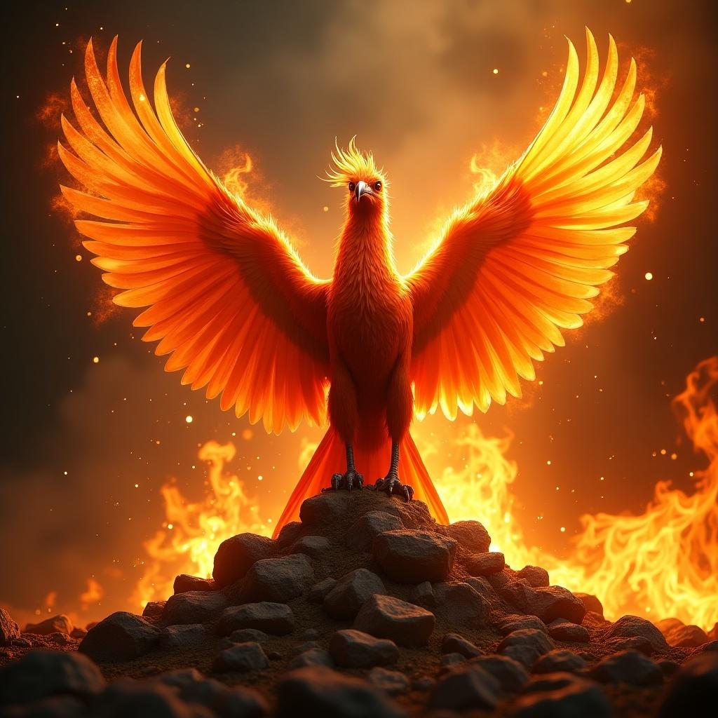 A majestic Phoenix rises from a pile of rocks, wings outstretched in vibrant hues of orange and red. Flames engulf the background, giving the impression of the creature emerging from fire. The feathers shimmer with golden highlights, capturing the essence of a magical being. Its eyes blaze with intensity, embodying strength and resilience. The composition evokes a sense of triumph and renewal.