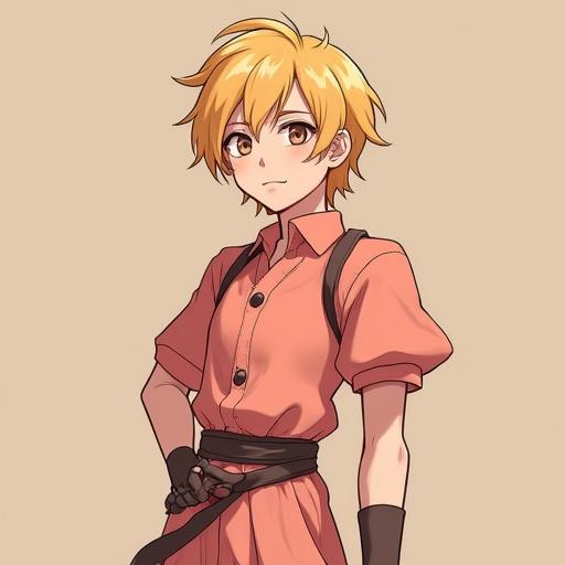 Male character with short hair resembling Peach. Wears a female outfit inspired by Princess Peach. Casual pose with hands at sides. Plain background to highlight character.