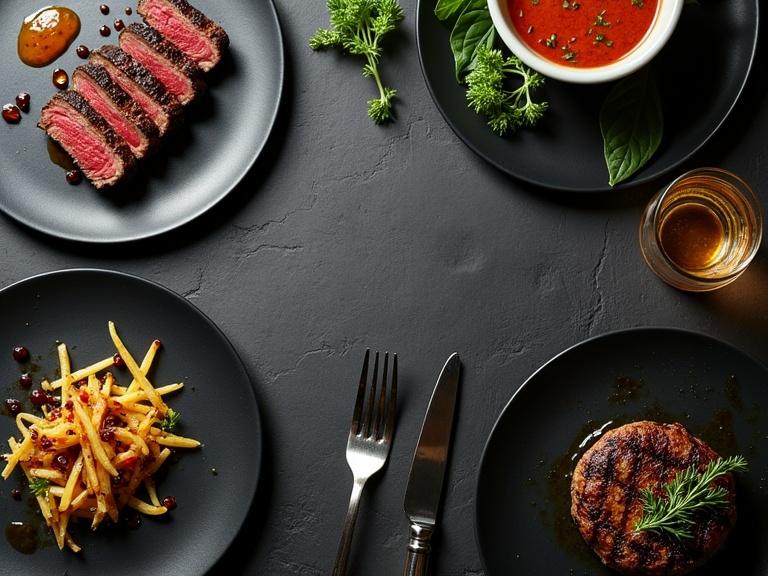 Rich cinematic flat lay background with gourmet dishes on a dark slate surface. Plates include grilled ribeye roasted vegetables and microgreens with elegant silverware. Moody lighting soft focus and negative space enhance visual appeal. Slight steam effect adds realism. No text or branding.