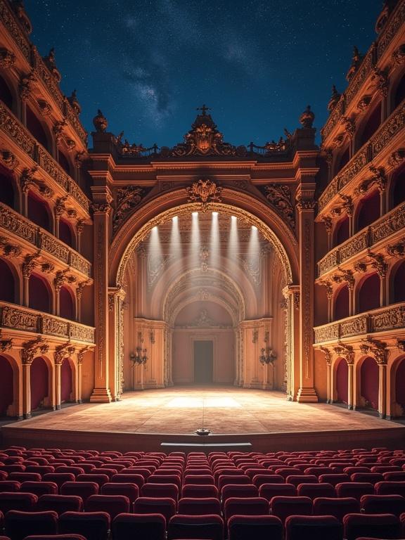 A grand opera house interior with ornate architecture, elegant red seats, empty stage with bright spotlights, dramatic atmosphere, and a starry sky background.