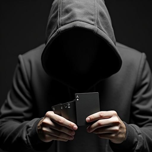 A skilled card player dressed in a black hoodie holding a set of playing cards. The figure has a mysterious aura with the face obscured. The setting is dark to emphasize the player's focus and skill with cards. The image highlights the tension and excitement of the game.