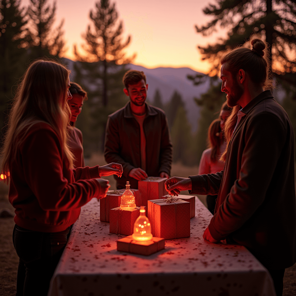 A group of people gather around a table with glowing lanterns during sunset.