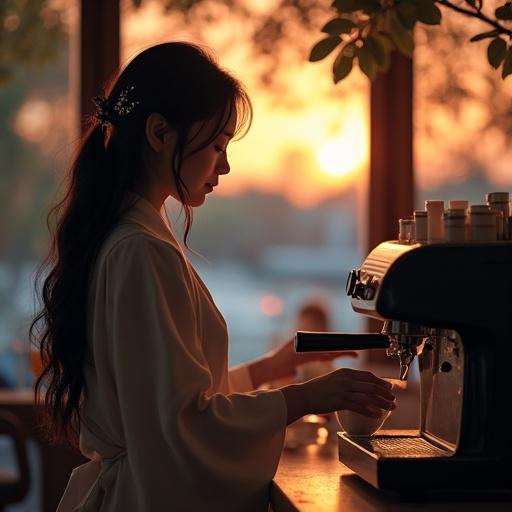 Scene at a cozy café during dusk. A retired witch operates a coffee machine. Long hair tied back with silver hairpieces. Cloak over an apron fluttering softly. Pouring milk into a cup. Magical blue light flickering around hands. Order slip floating in midair. Warm lighting illuminates her features. Smiling at the sunset outside.